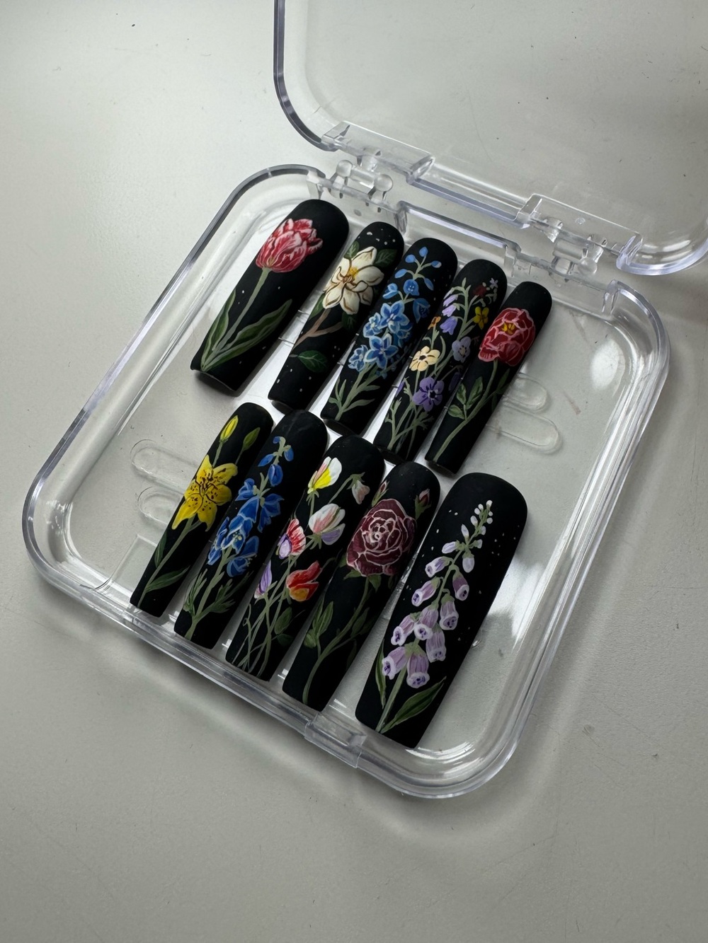 Vintage Wildflower Nails Hand Painted Garden Design Black Matte Extra Long